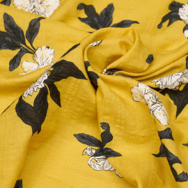 Tissu coton et viscose jaune à motif fleurs d'orchidées  - pretty mercerie - mercerie en ligne