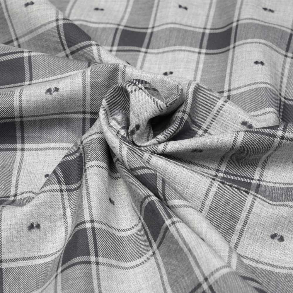 Tissu coton sergé gris à motif carreaux et plumetis - pretty mercerie - mercerie en ligne