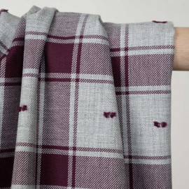 Tissu coton sergé gris et cordovan à motif carreaux et plumetis - pretty mercerie - mercerie en ligne