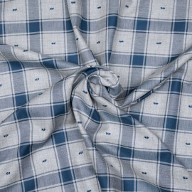 Tissu coton sergé gris et bleu marocain à motif carreaux et plumetis - pretty mercerie - mercerie en ligne
