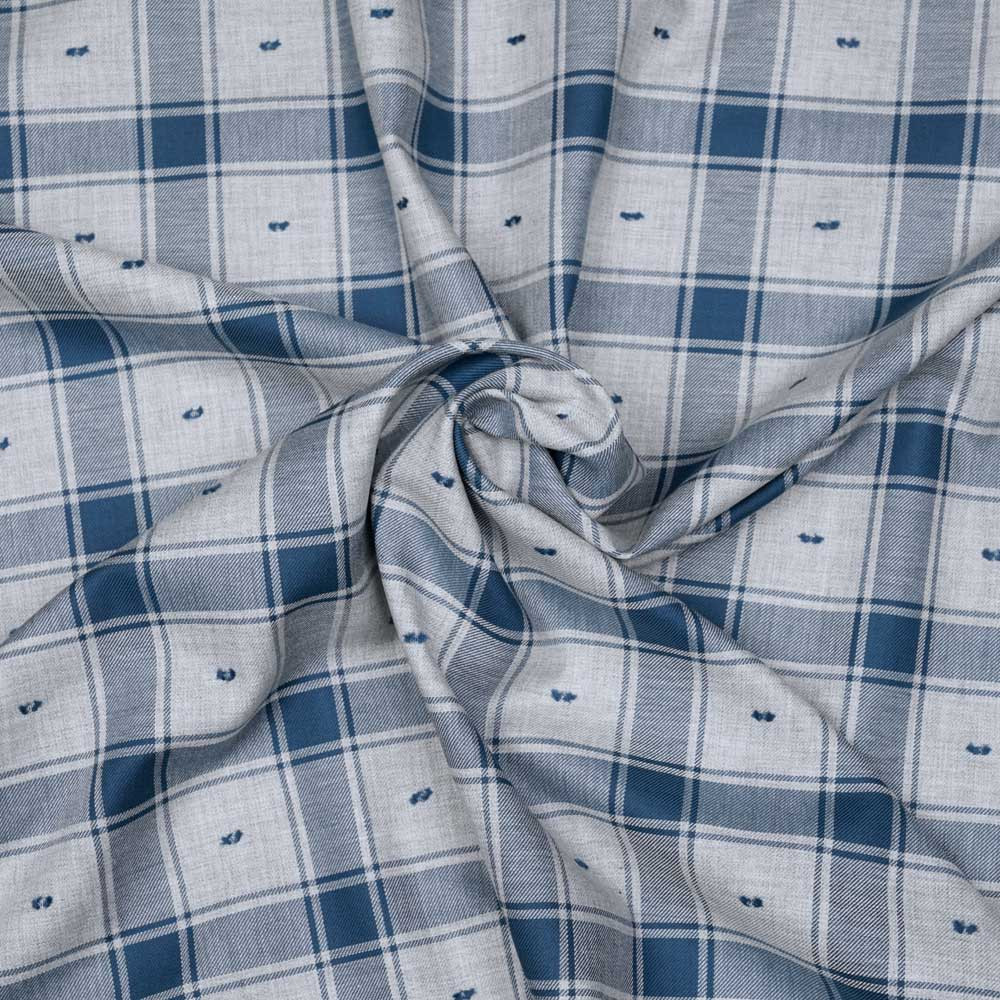 Tissu coton sergé gris et bleu marocain à motif carreaux et plumetis - pretty mercerie - mercerie en ligne
