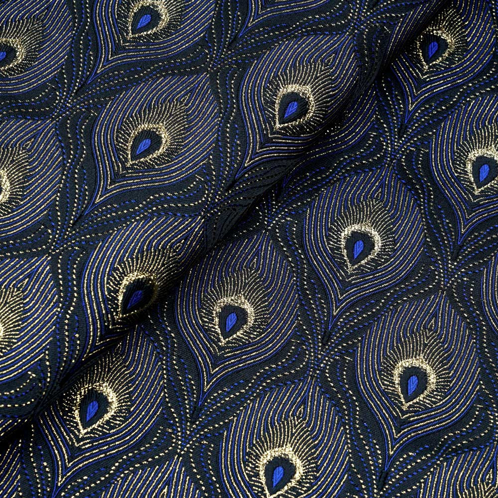 Tissu jacquard queue de paon bleu noir et lurex or - pretty mercerie - mercerie en ligne