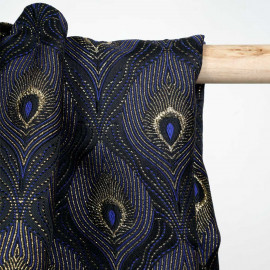 Tissu jacquard queue de paon bleu noir et lurex or - pretty mercerie - mercerie en ligne