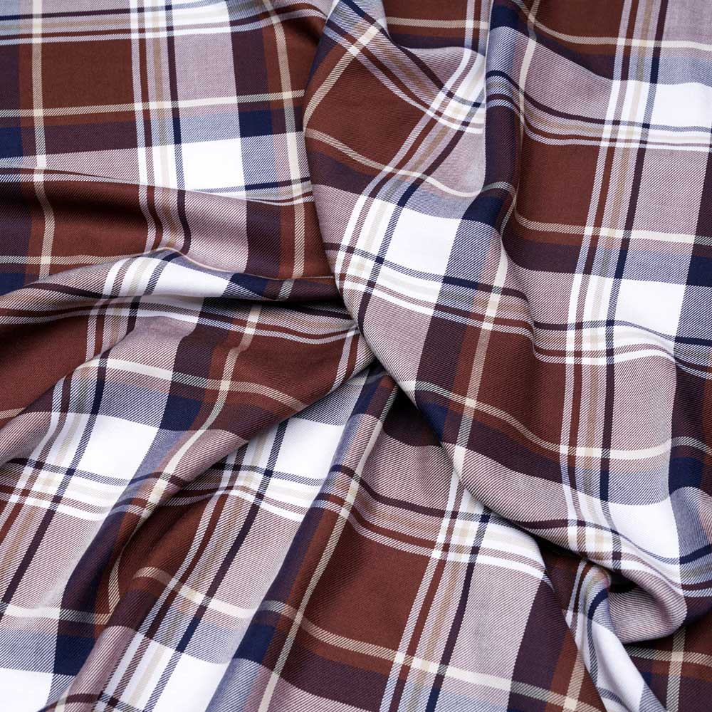 Tissu viscose tartan chocolat beige, bleu marine et blanc - pretty mercerie - mercerie en ligne