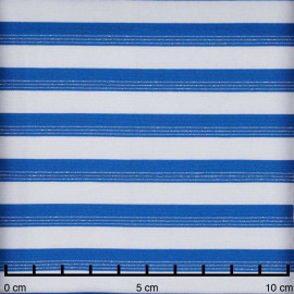 Tissu maillot de bain blanc à rayures bleu imperial et fil lurex argent - pretty mercerie - mercerie en ligne