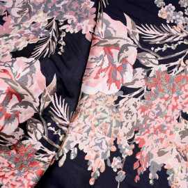 Tissu jacquard bleu nuit grosse fleur rose, corail, gris et fil lurex argent - pretty mercerie - mercerie en ligne