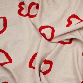 Tissu lin et viscose beige à motif coeur rouge  - pretty mercerie - mercerie en ligne