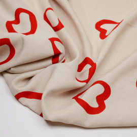 Tissu lin et viscose beige à motif coeur rouge  - pretty mercerie - mercerie en ligne
