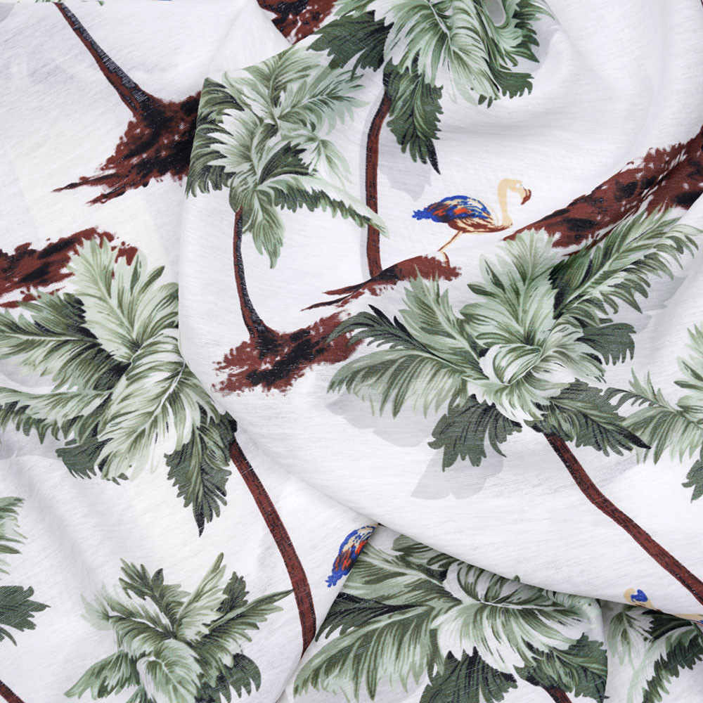Tissu viscose blanc tissé palmier et flamant rose vert - pretty mercerie - mercerie en ligne