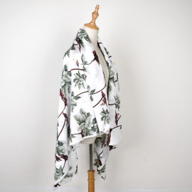Tissu viscose blanc tissé palmier et flamant rose vert - pretty mercerie - mercerie en ligne