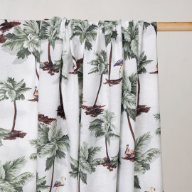 Tissu viscose blanc tissé palmier et flamant rose vert - pretty mercerie - mercerie en ligne