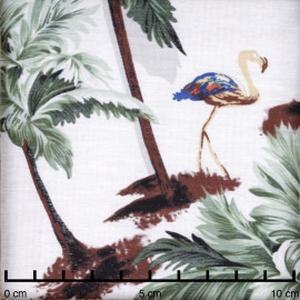Tissu viscose blanc tissé palmier et flamant rose vert - pretty mercerie - mercerie en ligne