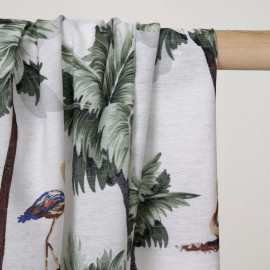 Tissu viscose blanc tissé palmier et flamant rose vert - pretty mercerie - mercerie en ligne