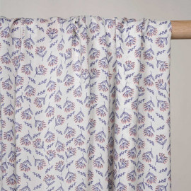 Tissu viscose blanc cassé à motif dandelion bleu et rouge - pretty mercerie - mercerie en ligne