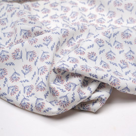 Tissu viscose blanc cassé à motif dandelion bleu et rouge - pretty mercerie - mercerie en ligne