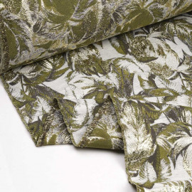Tissu jacquard gris à motif feuilles de palmier vert et taupe, fil lurex or - Pretty Mercerie - mercerie en ligne