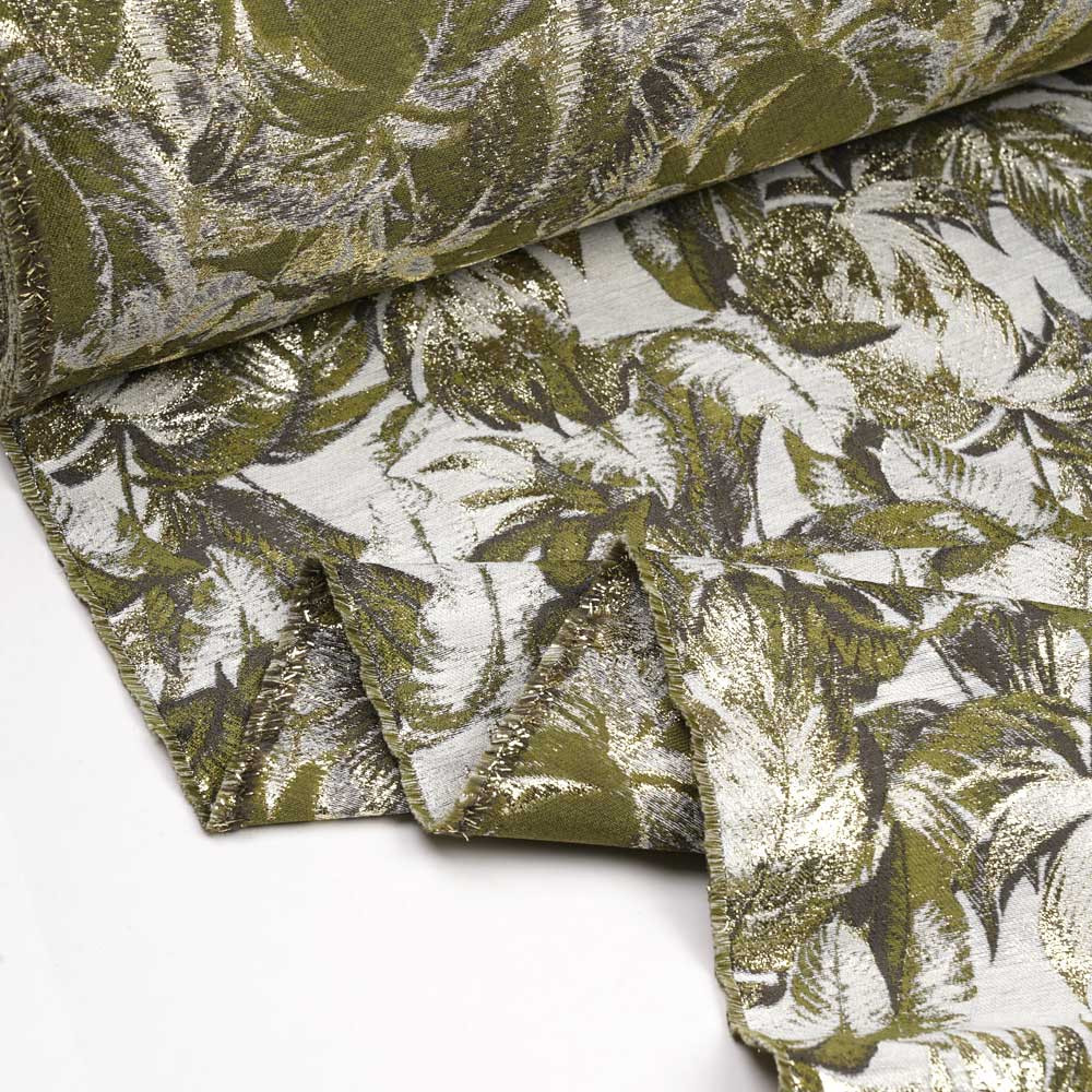 Tissu jacquard gris à motif feuilles de palmier vert et taupe, fil lurex or - Pretty Mercerie - mercerie en ligne