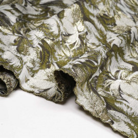 Tissu jacquard gris à motif feuilles de palmier vert et taupe, fil lurex or - Pretty Mercerie - mercerie en ligne