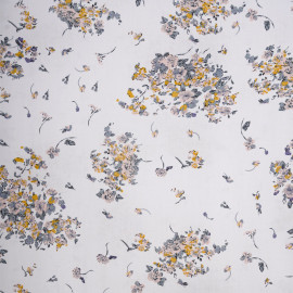 Tissu viscose blanc cassé à motif fleuri blush, moutarde et bleu gris - pretty mercerie - mercerie en ligne