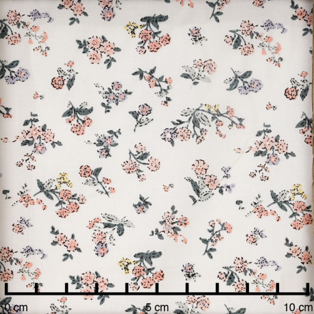 Tissu coton écru à motif fleuri vert rose mauve et jaune - pretty mercerie - mercerie en ligne