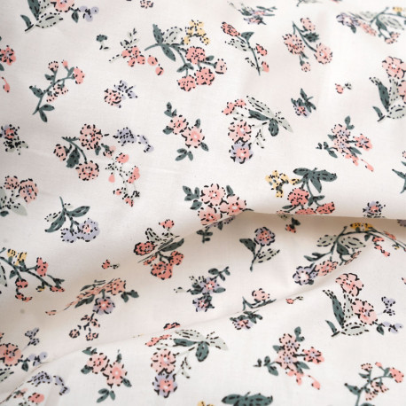 Tissu coton écru à motif fleuri vert rose mauve et jaune - pretty mercerie - mercerie en ligne