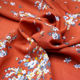 Tissu viscose ginger à motif fleuri moutarde et bleu gris - pretty mercerie - mercerie en ligne