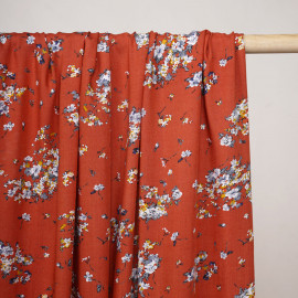 Tissu viscose ginger à motif fleuri moutarde et bleu gris - pretty mercerie - mercerie en ligne