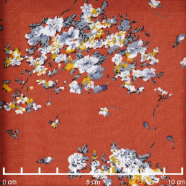 Tissu viscose ginger à motif fleuri moutarde et bleu gris - pretty mercerie - mercerie en ligne