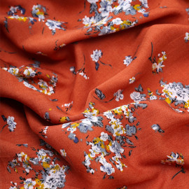 Tissu viscose ginger à motif fleuri moutarde et bleu gris - pretty mercerie - mercerie en ligne
