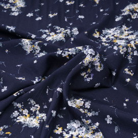 Tissu viscose bleu marine à motif fleuri moutarde et bleu gris - pretty mercerie - mercerie en ligne