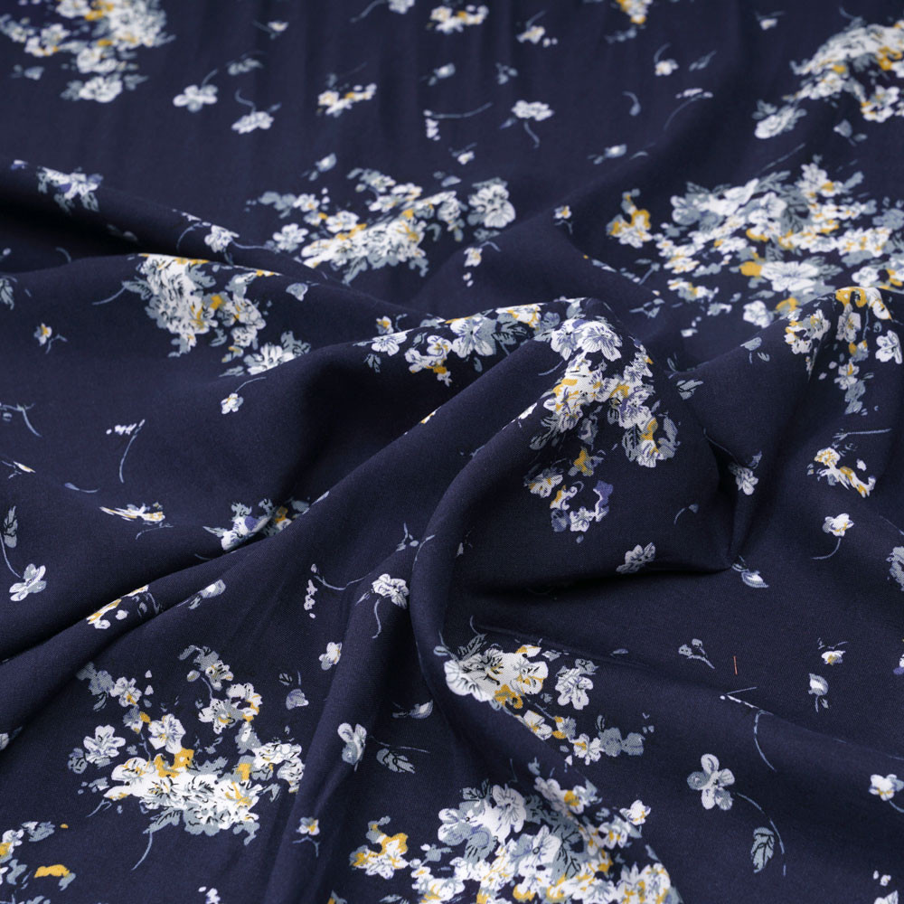 Tissu viscose bleu marine à motif fleuri moutarde et bleu gris - pretty mercerie - mercerie en ligne