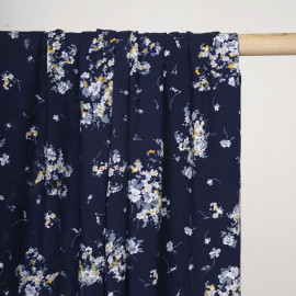 Tissu viscose bleu marine à motif fleuri moutarde et bleu gris - pretty mercerie - mercerie en ligne
