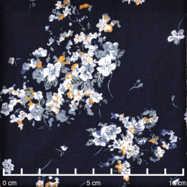 Tissu viscose bleu marine à motif fleuri moutarde et bleu gris - pretty mercerie - mercerie en ligne