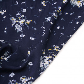 Tissu viscose bleu marine à motif fleuri moutarde et bleu gris - pretty mercerie - mercerie en ligne
