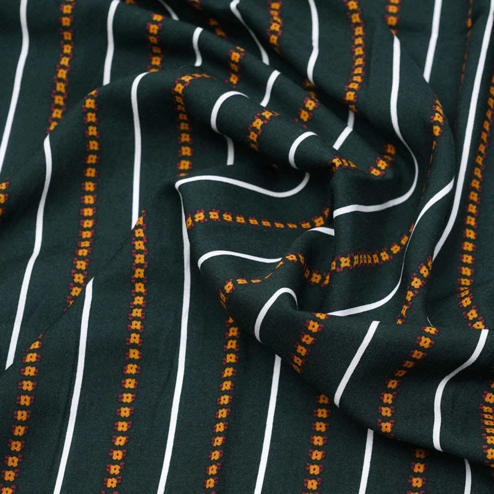 Tissu viscose vert foncé à motif lignes blanches et fleuries  - pretty mercerie - mercerie en ligne