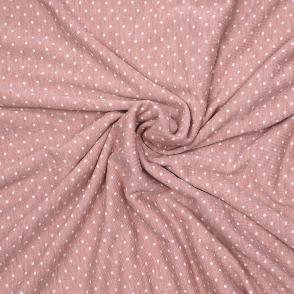Tissu jersey rose poudré à motifs petits pois blanc - pretty mercerie - mercerie en ligne