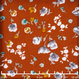 Tissu viscose ocre brulé à motif fleuri moutarde lavande vert agathe et blanc - pretty mercerie - mercerie en ligne