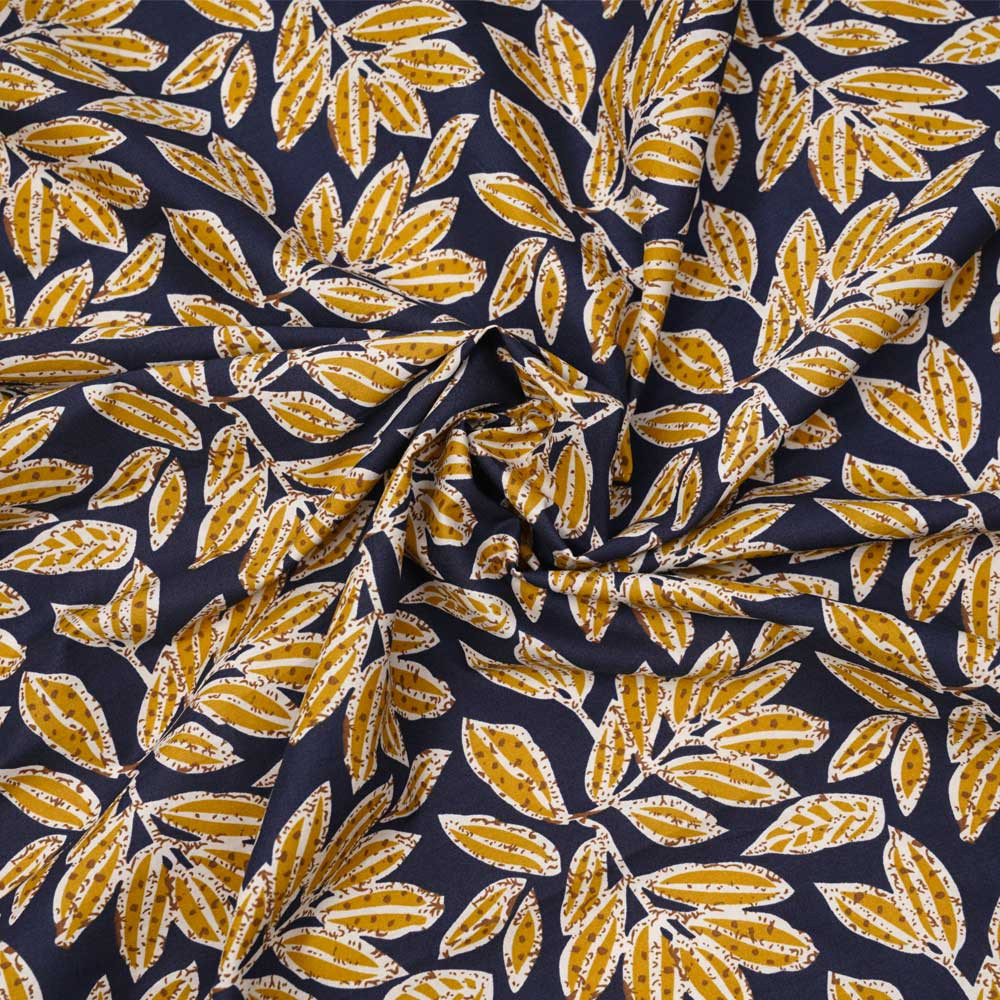 Tissu coton bleu marine à motif fleuri moutarde  - pretty mercerie - mercerie en ligne