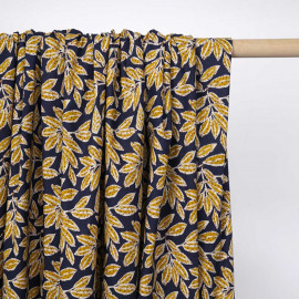 Tissu coton bleu marine à motif fleuri moutarde  - pretty mercerie - mercerie en ligne