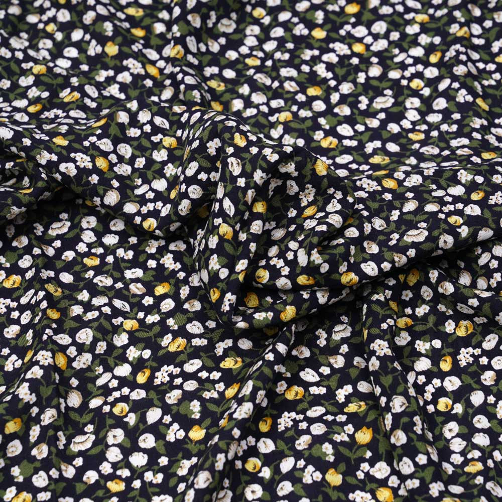 Tissu viscose bleu marine à motif petites fleurs jaunes  - pretty mercerie - mercerie en ligne