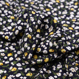 Tissu viscose bleu marine à motif petites fleurs jaunes  - pretty mercerie - mercerie en ligne