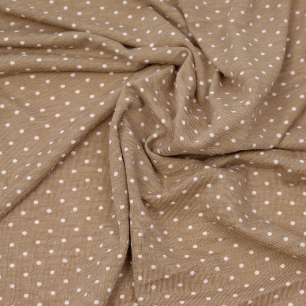 Tissu jersey praline à motifs petits pois blanc - pretty mercerie - mercerie en ligne