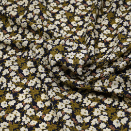 Tissu bleu marine à motif fleuri kaki et rose - pretty mercerie - mercerie en ligne