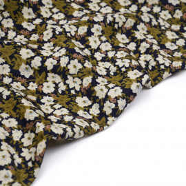 Tissu bleu marine à motif fleuri kaki et rose - pretty mercerie - mercerie en ligne
