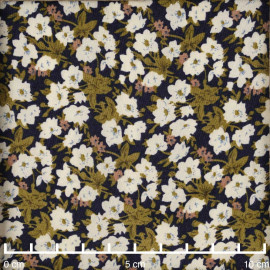 Tissu bleu marine à motif fleuri kaki et rose - pretty mercerie - mercerie en ligne