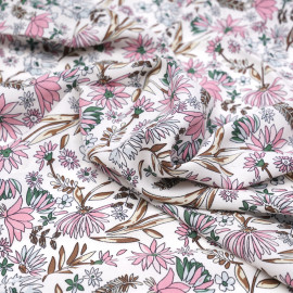 Tissu viscose blanc cassé à motif fleuri rose et vert - pretty mercerie - mercerie en ligne