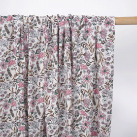 Tissu viscose blanc cassé à motif fleuri rose et vert - pretty mercerie - mercerie en ligne