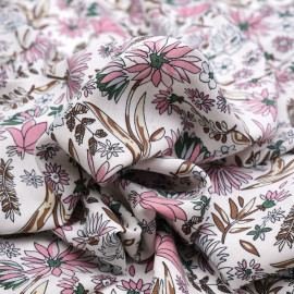 Tissu viscose blanc cassé à motif fleuri rose et vert - pretty mercerie - mercerie en ligne