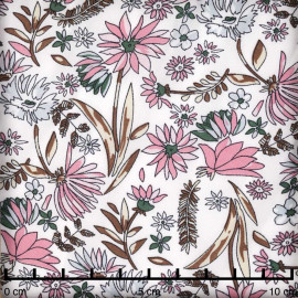 Tissu viscose blanc cassé à motif fleuri rose et vert - pretty mercerie - mercerie en ligne