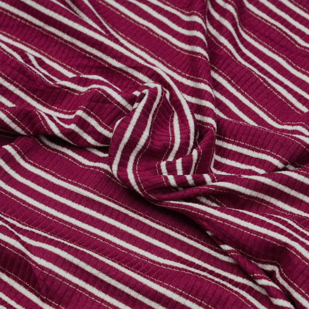 Tissu jersey viscose côtelé et rayé beaujolais, blanc et fil lurex or - pretty mercerie - mercerie en ligne